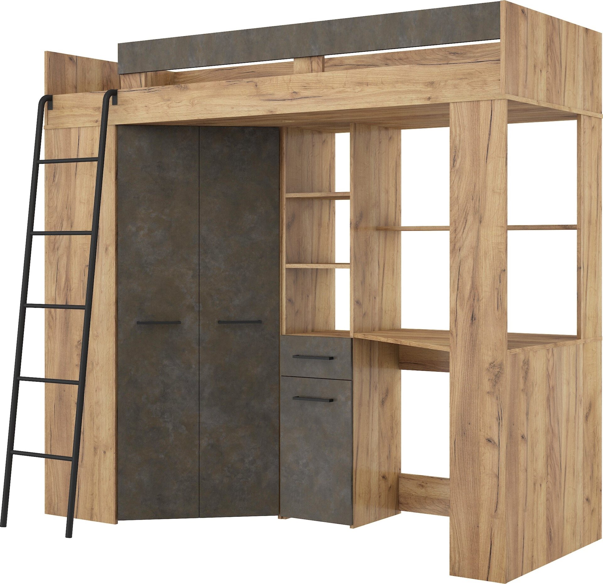 Dviaukštė lova su stalu, kampinė spinta, antresolė FLO L craft aukso rudos spalvos