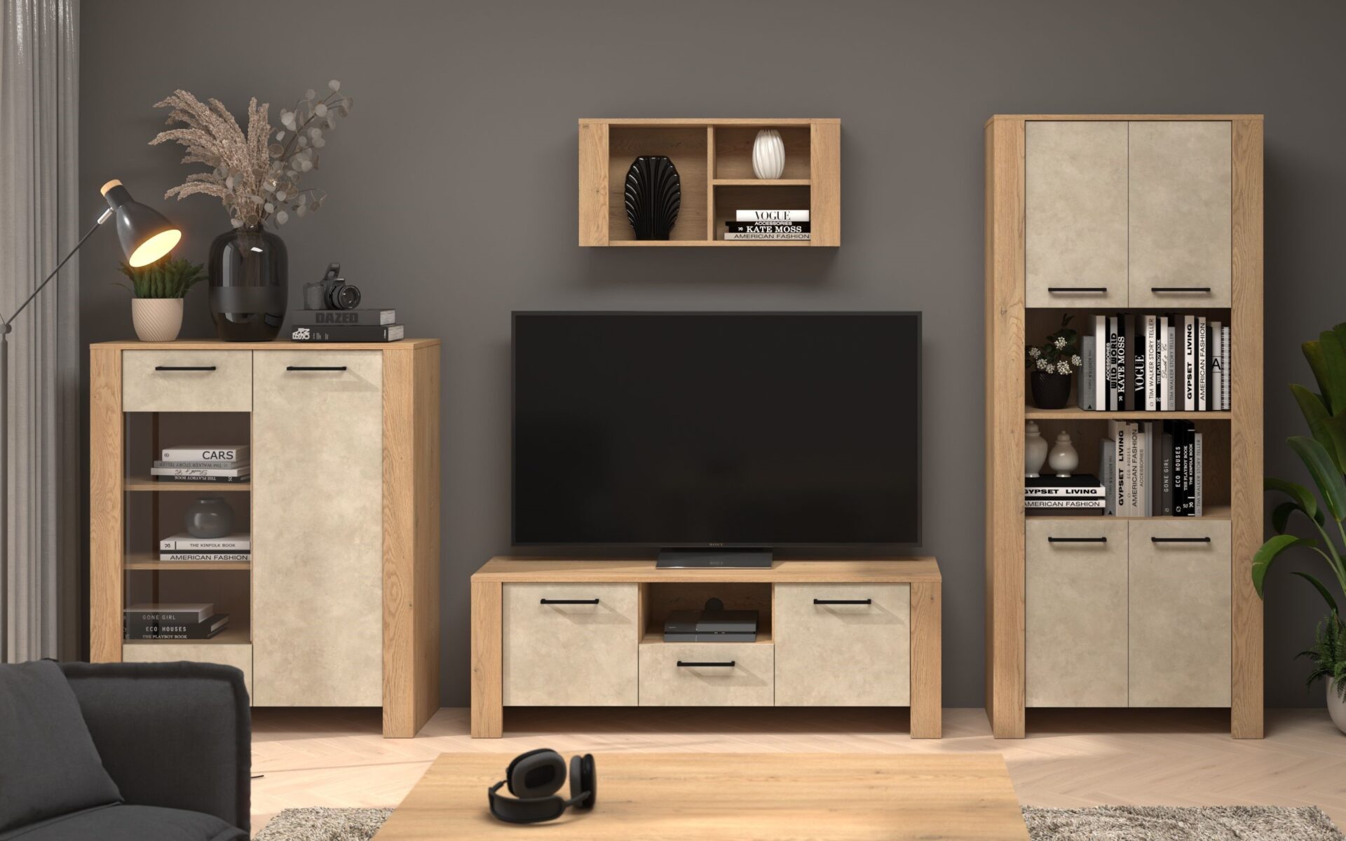 DELIS baldai #1 komplektas: vitrina, televizoriaus spintelė, lentyna, ąžuolas „Cremona“, migdolų pilka