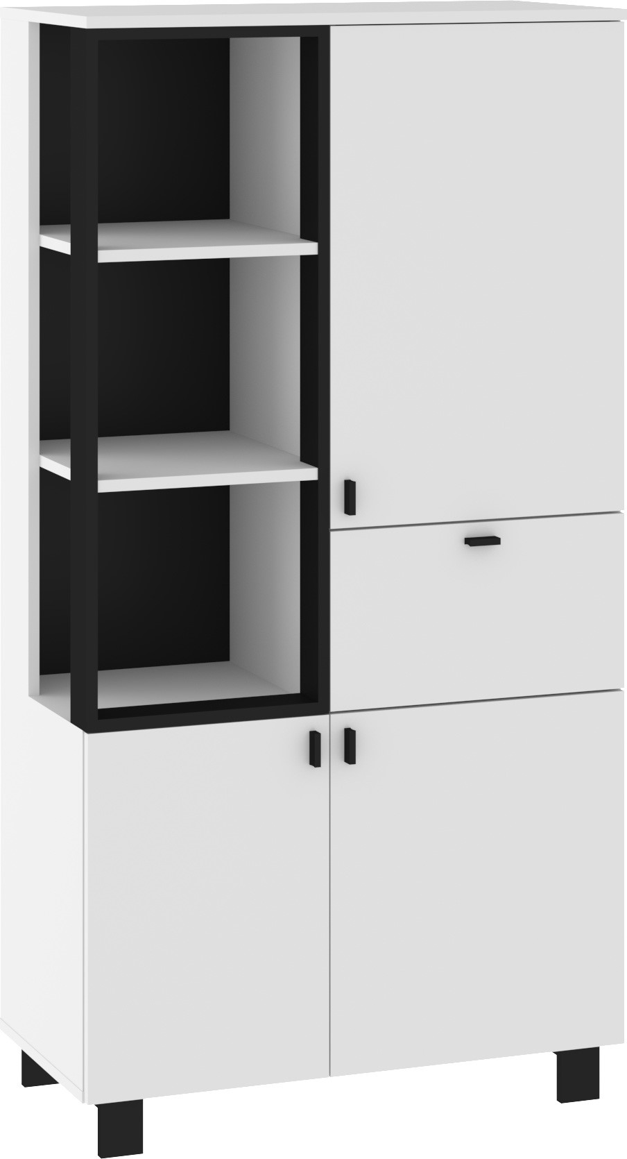 GAVES 09 baldai, palėpės lentynų spintelė svetainei, balta, juoda