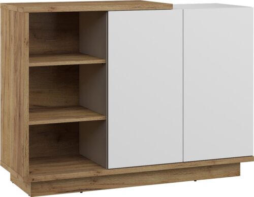 BRITA 05 baldai, komoda su durelėmis ir lentynomis, ąžuolo dirbiniai, auksinė, balta blizgi spalva