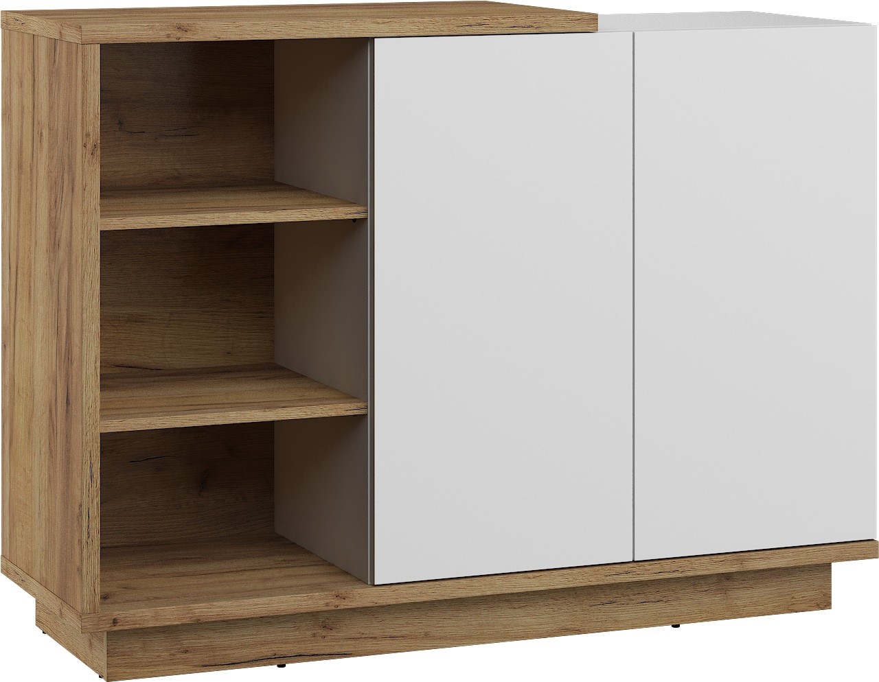 BRITA 05 baldai, komoda su durelėmis ir lentynomis, ąžuolo dirbiniai, auksinė, balta blizgi spalva