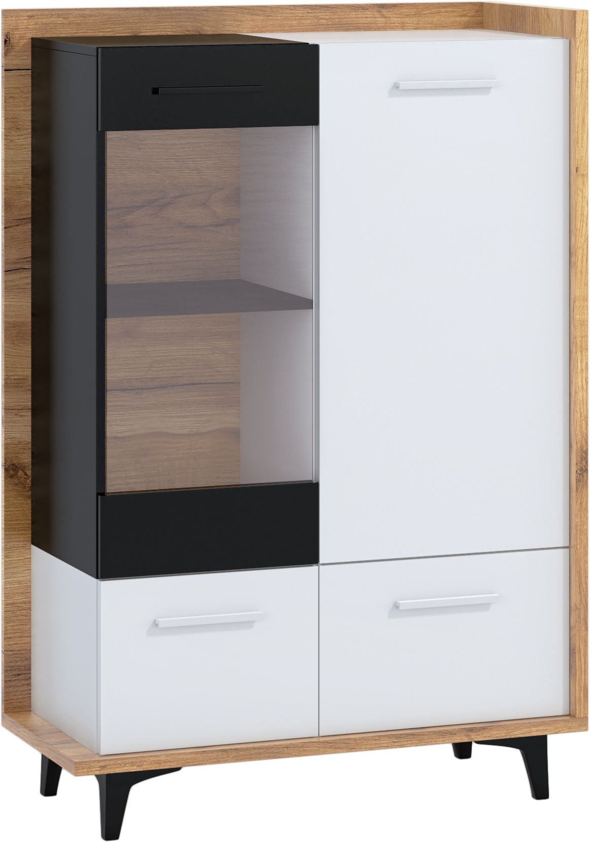 DOX 13 baldai, žema vitrina svetainei su durelėmis, dirbtinio ąžuolo spalvos, auksinė, balta, juoda