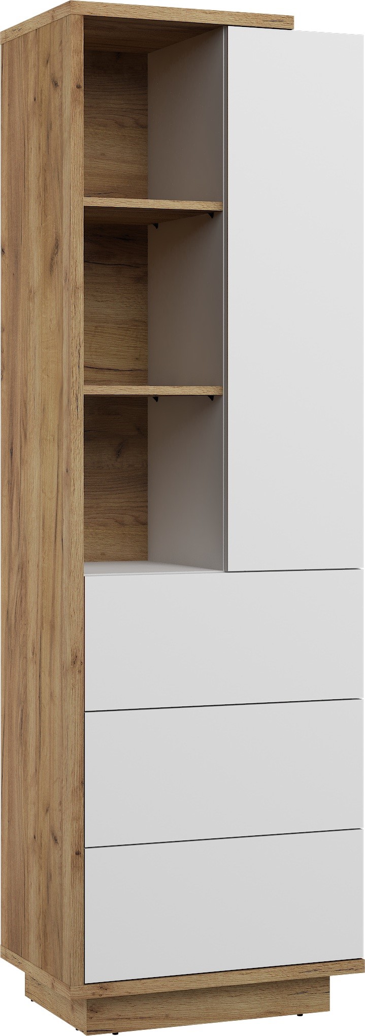 BRITA 19 baldai, aukšta knygų lentyna su lentynomis, stalčiumi, durelėmis, auksinio ąžuolo spalvos, balta