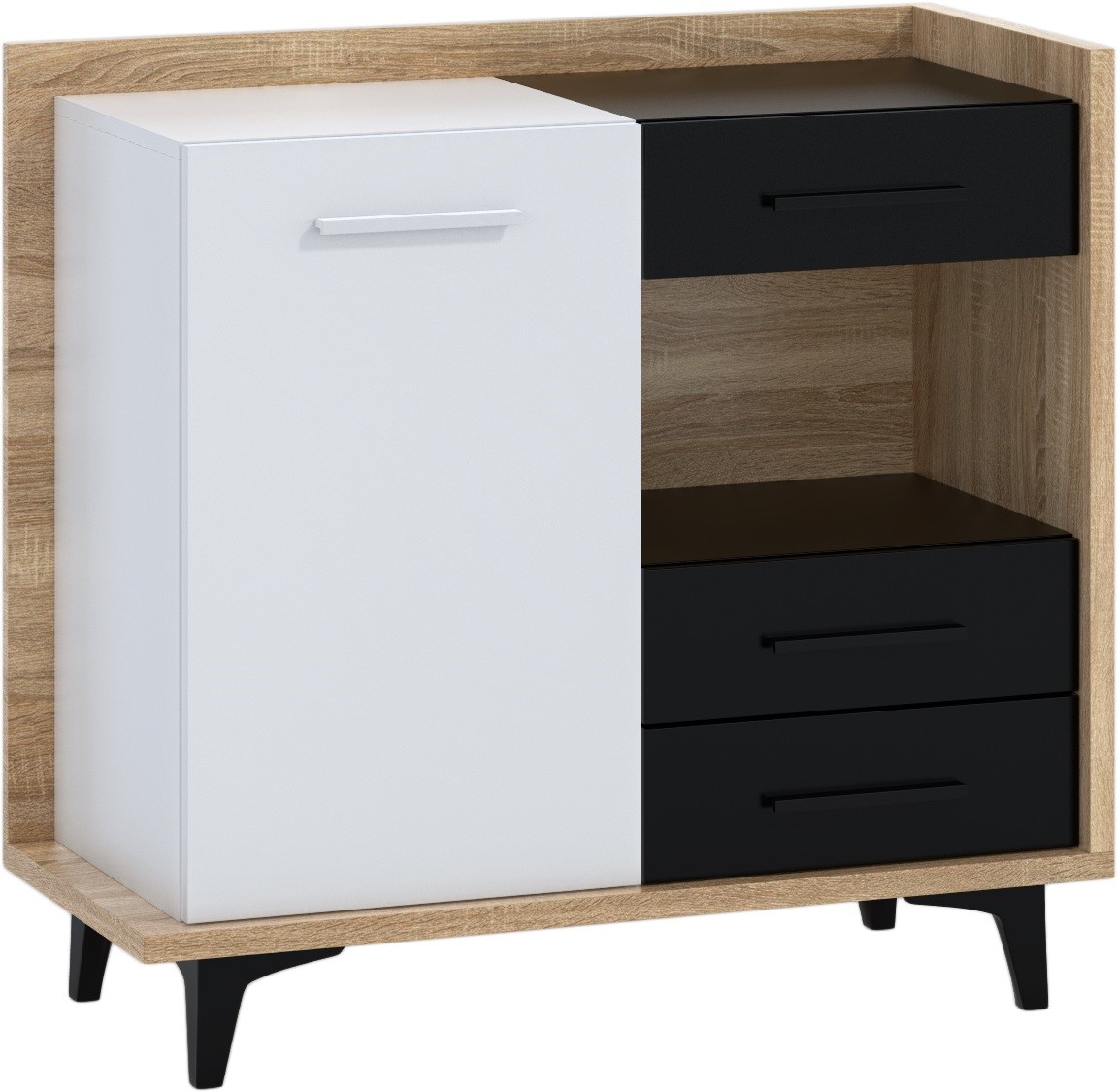 DOX 01 baldai, spintelė, komoda, Sonoma ąžuolas, balta, juoda