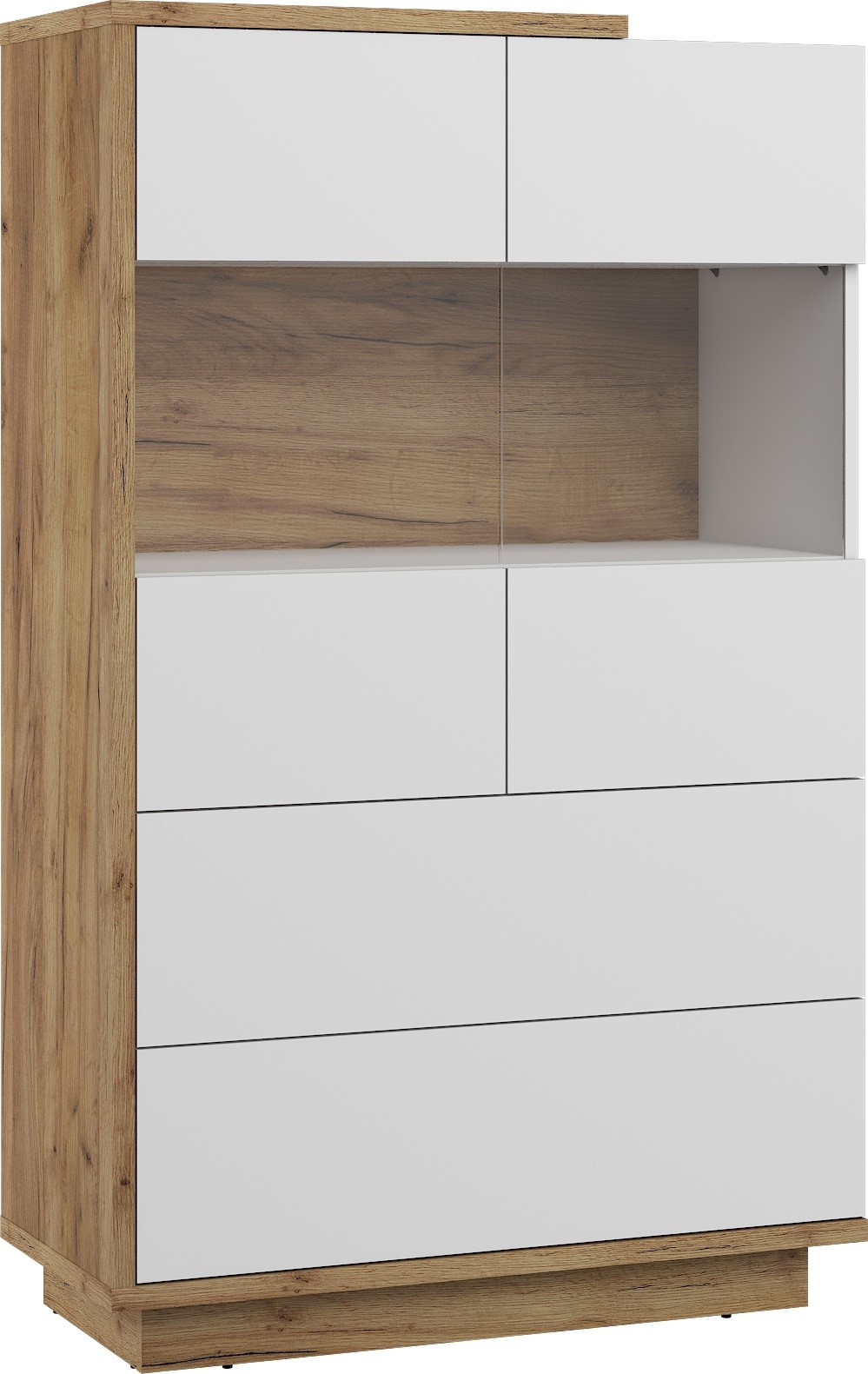 BRITA 28 baldų žema vitrina su stalčiais svetainei, ąžuolo spalvos, aukso spalvos, balta