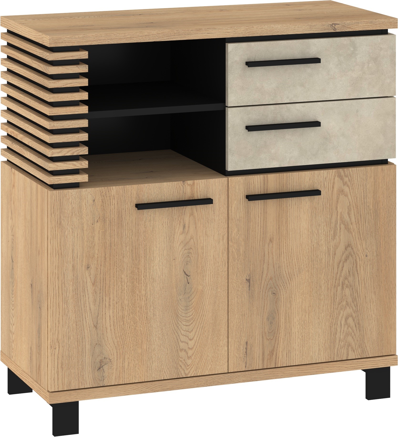 MILAR 03 baldų komoda, 2 stalčiai, 2 vnt., kremonos ąžuolo, granados, migdolų / juodos spalvos