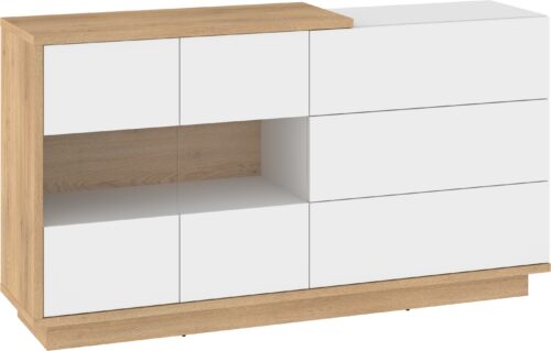 BRITA 10 baldų didelė vitrina komoda, kremonos ąžuolas, baltas blizgus