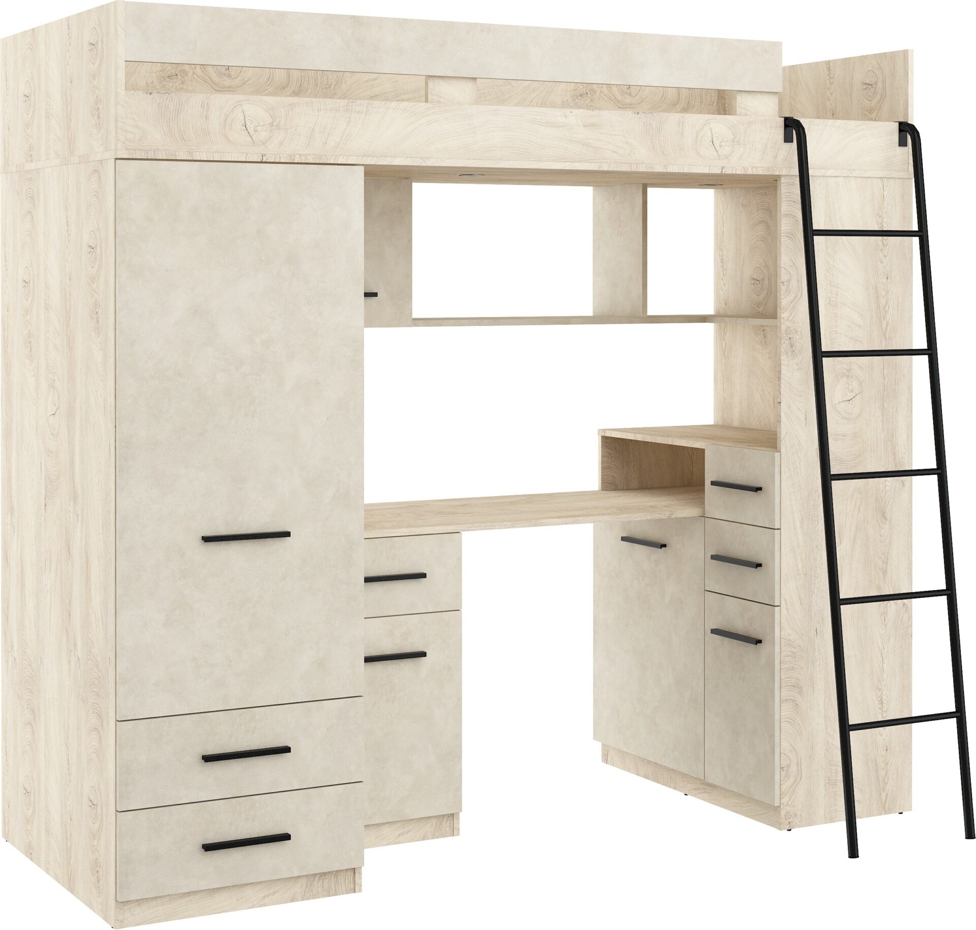MYKS P dviaukštė lova su antresolėmis ir stalu, spinta, komoda, ąžuolo apdaila / pilka, migdolų spalva