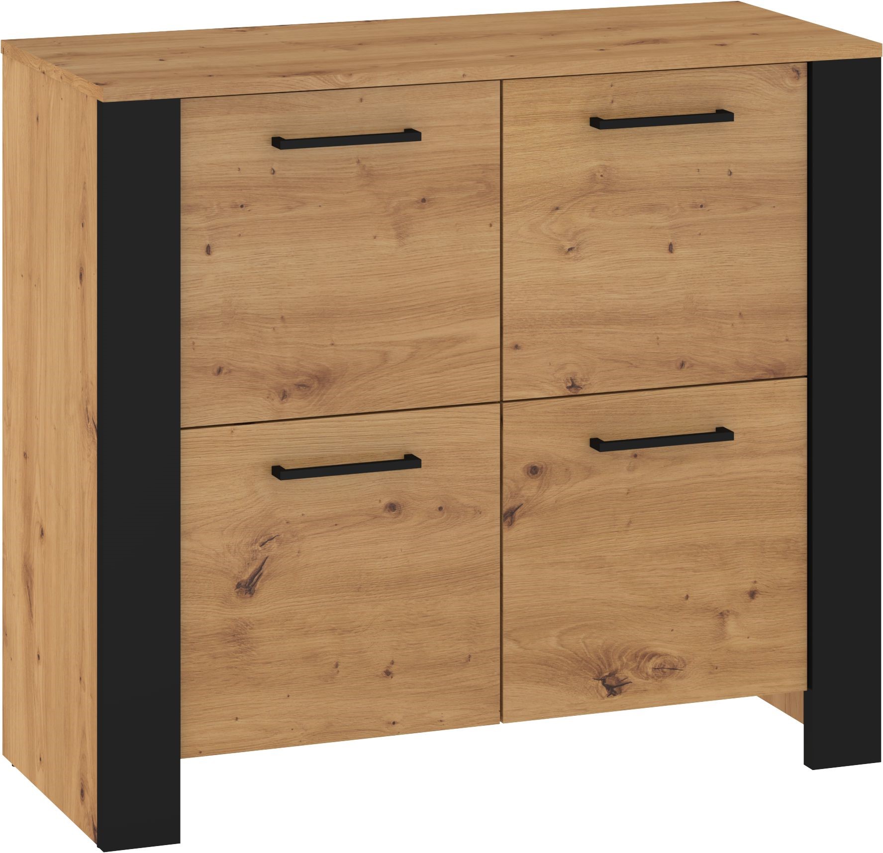 DELIS 04 baldų komoda su durelėmis svetainei, miegamajam, meniško ąžuolo spalvos, juoda