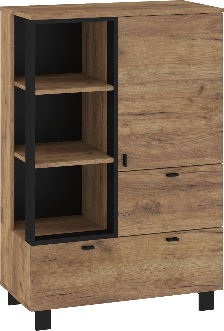 GAVES 06 žema knygų lentyna su stalčiais, lofto stiliaus, ąžuolo spalvos, PLN, juoda