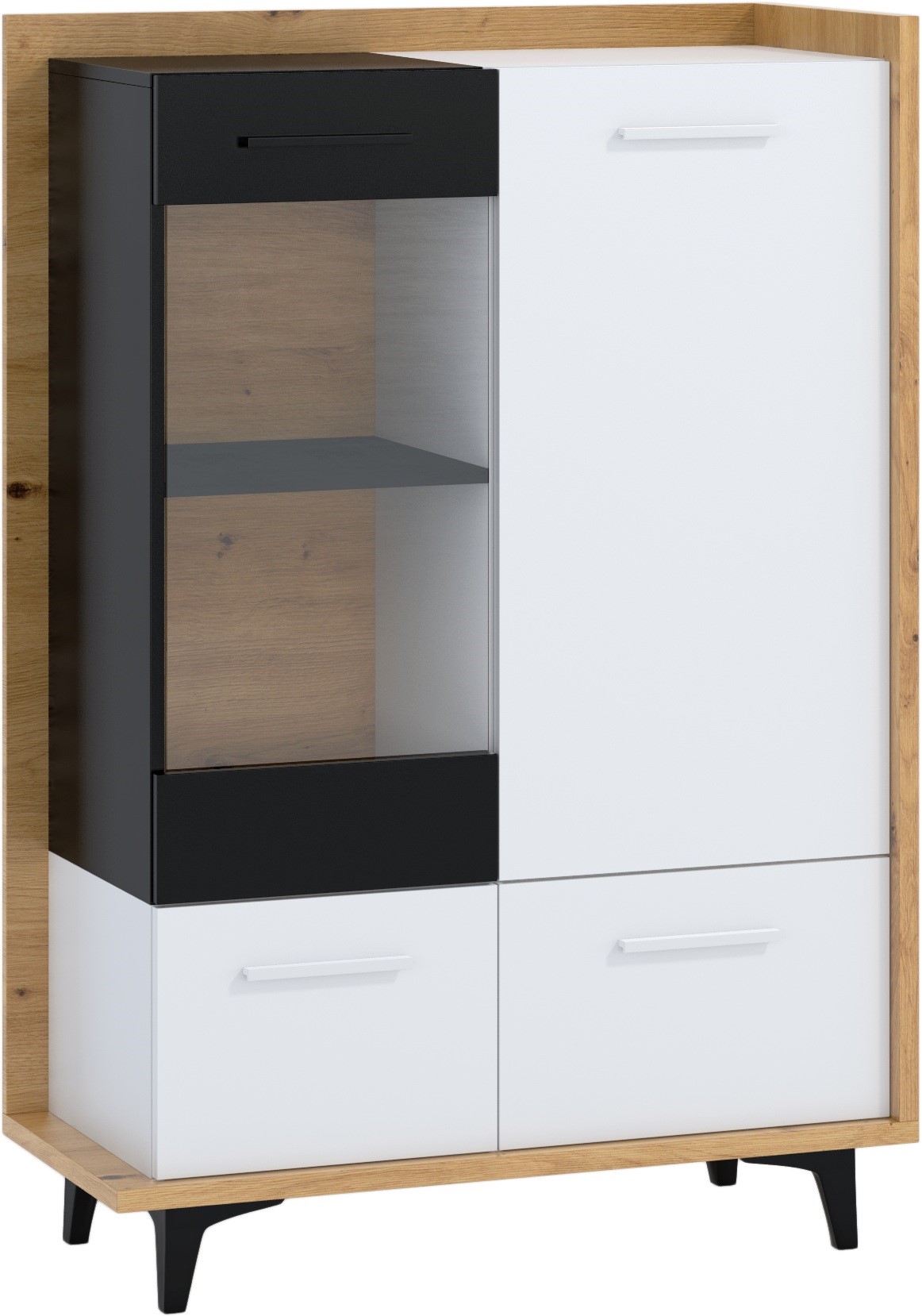 DOX 13 baldai, žema vitrina svetainei su durelėmis, ąžuolo dirbiniai, balta, juoda