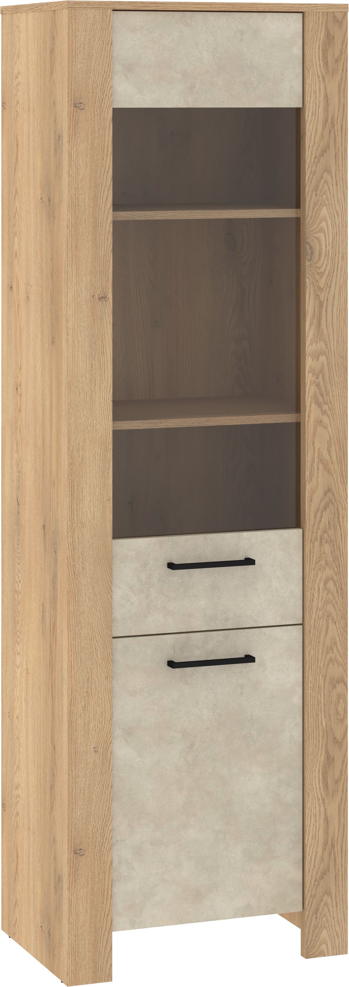 DELIS 15 baldai, aukšta, siaura vitrina svetainei, kremonos ąžuolas, granada, migdolų spalvos