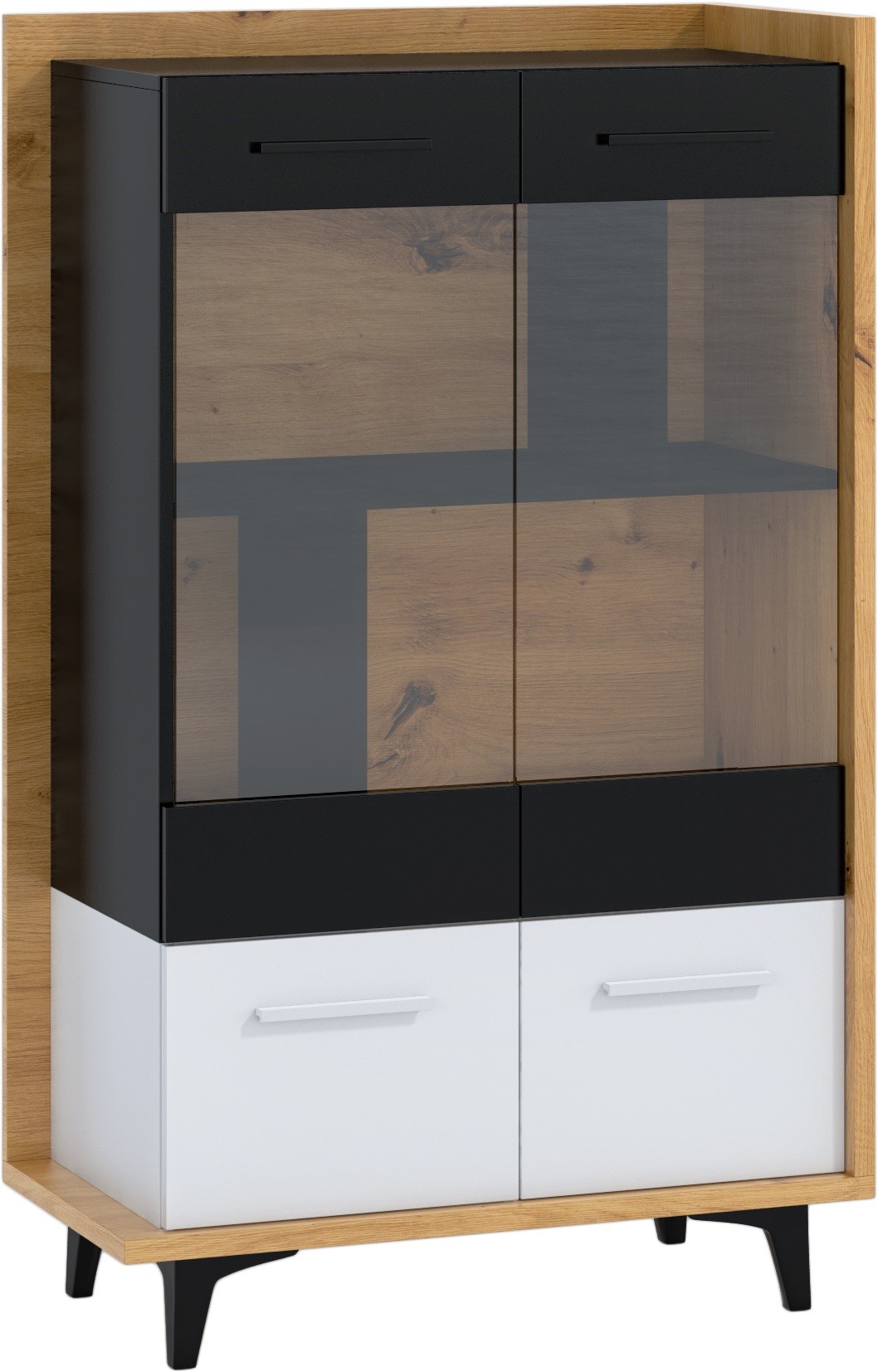 DOX 12 baldai, žema vitrina svetainei su durelėmis, ąžuolo dirbiniai, balta, juoda