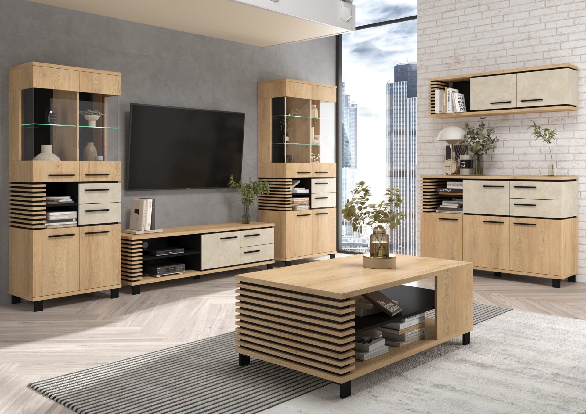 MILAR #8 svetainės baldai, vitrina, televizoriaus spintelė, komoda, kavos staliukas, lentyna, ąžuolas