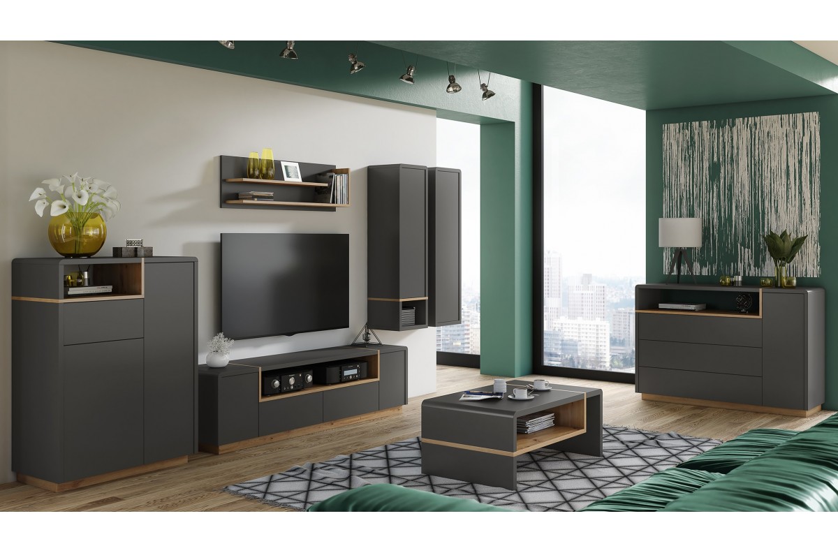 FOLK antracito (tamsiai pilkos) / artisan ąžuolo baldų komplektas - MODERNI SVETAINĖS SIENINĖ SPINTELĖ SU DIDELĖ TV SPINTELĖ