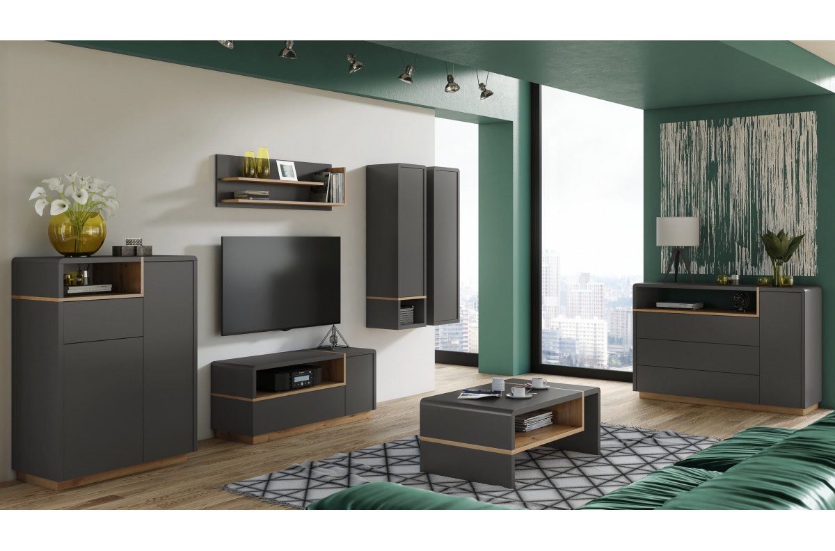 FOLK antracito (tamsiai pilkos) / amatininko ąžuolo baldų komplektas - MODERNI SVETAINĖS SIENINĖ SPINTELĖ SU MAŽA TV SPINTELĖLE