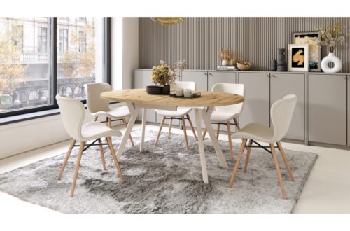 KOMPLEKTAS: ALDO Artisan ąžuolinis stalas su smėlio spalvos kojomis – apvalus, ištraukiamas, ir 4 ALTEA smėlio spalvos kėdės su natūralaus ąžuolo kojomis – apmuštos