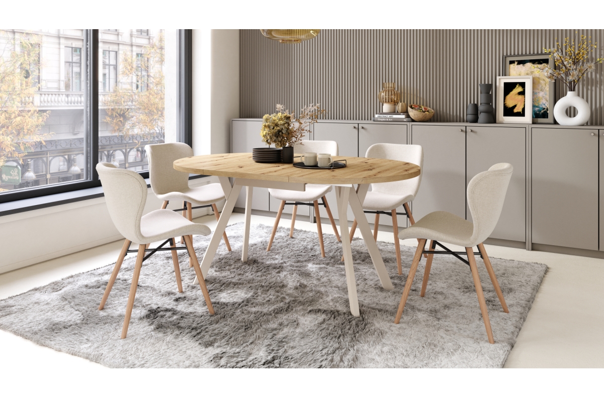 KOMPLEKTAS: ALDO Artisan ąžuolinis stalas su smėlio spalvos kojomis – apvalus, ištraukiamas, ir 4 ALTEA smėlio spalvos kėdės su natūralaus ąžuolo kojomis – apmuštos
