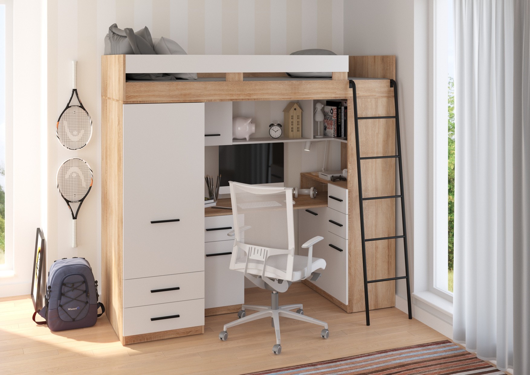 MYKS P mezzanine be kilimėlio, Sonoma ąžuolas / balta