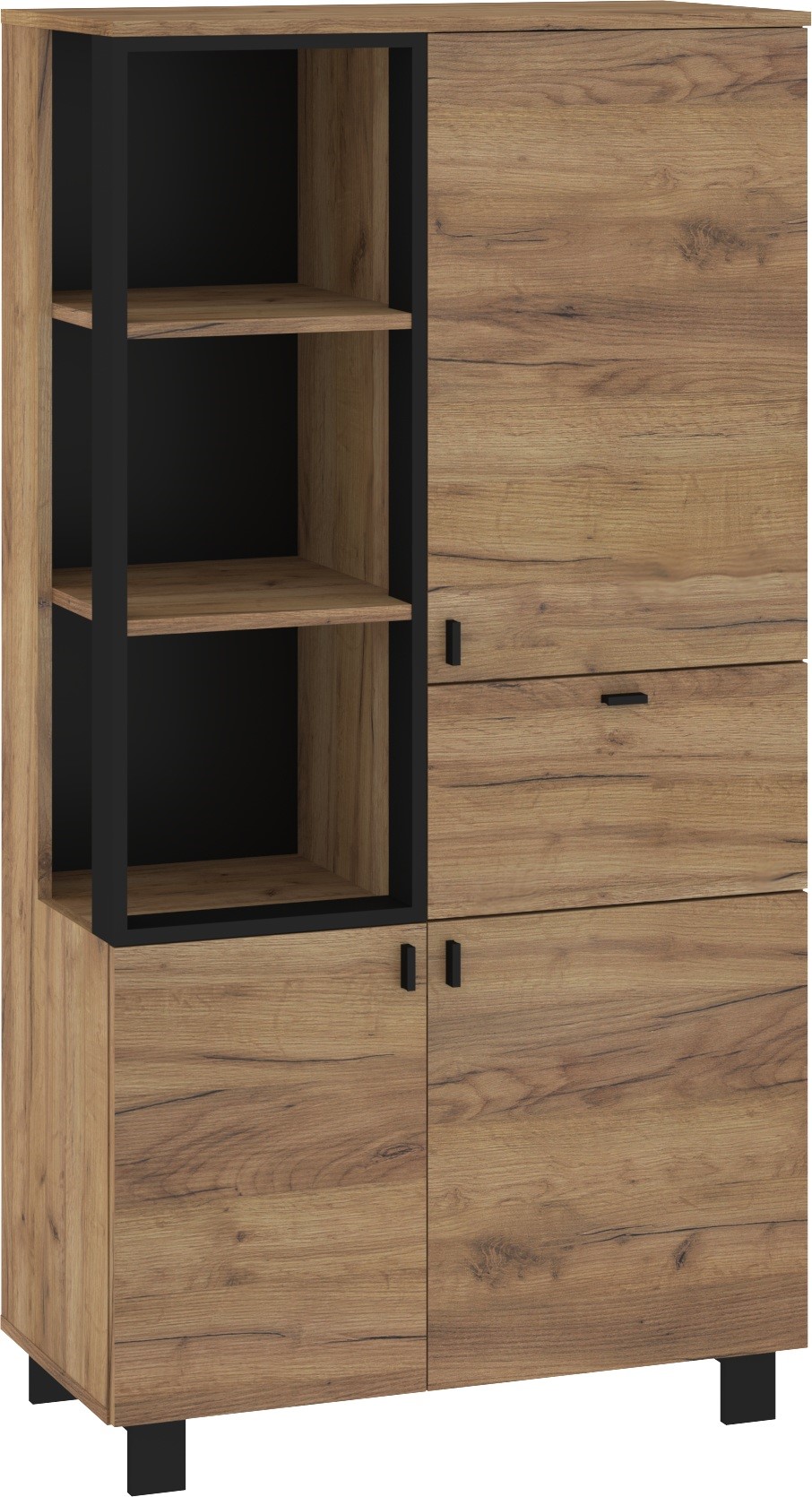 GAVES 09 baldai, palėpės lentynų spintelė svetainei, ąžuolo dirbiniai, auksinė, juoda