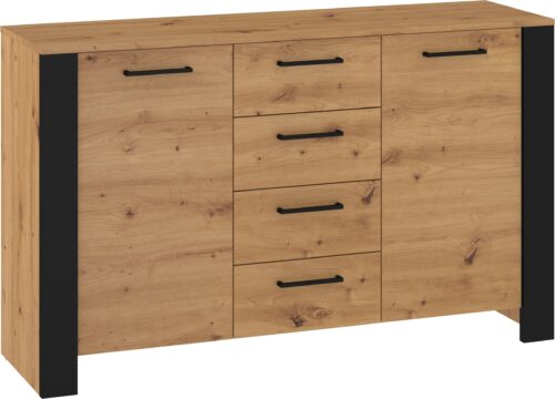 DELIS 03 didelė komoda su durelėmis svetainei, dirbtinio ąžuolo spalvos, juoda