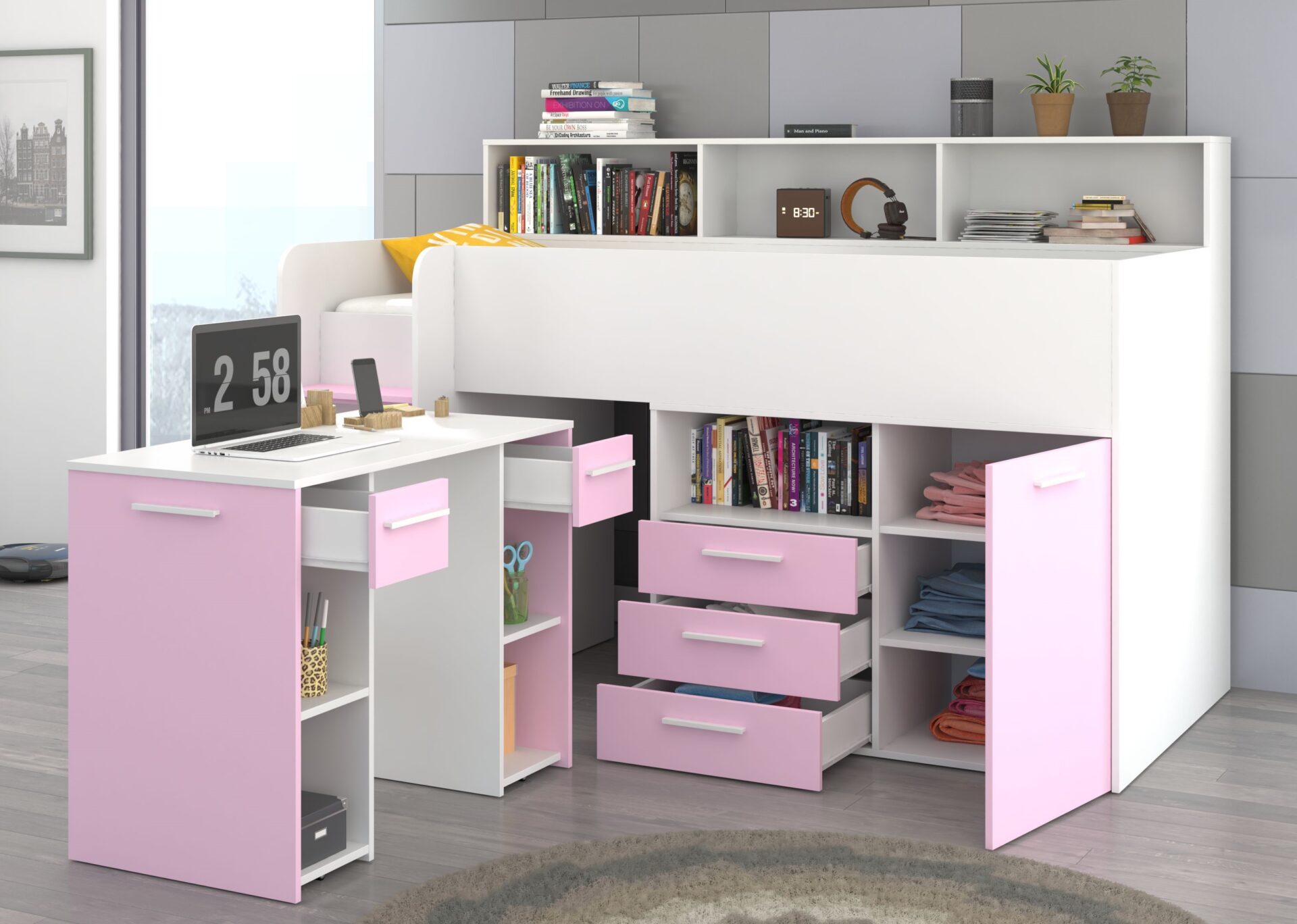 ENO L vaikiška/jaunimo antresolė dviaukštė lova, balta/levandų spalvos