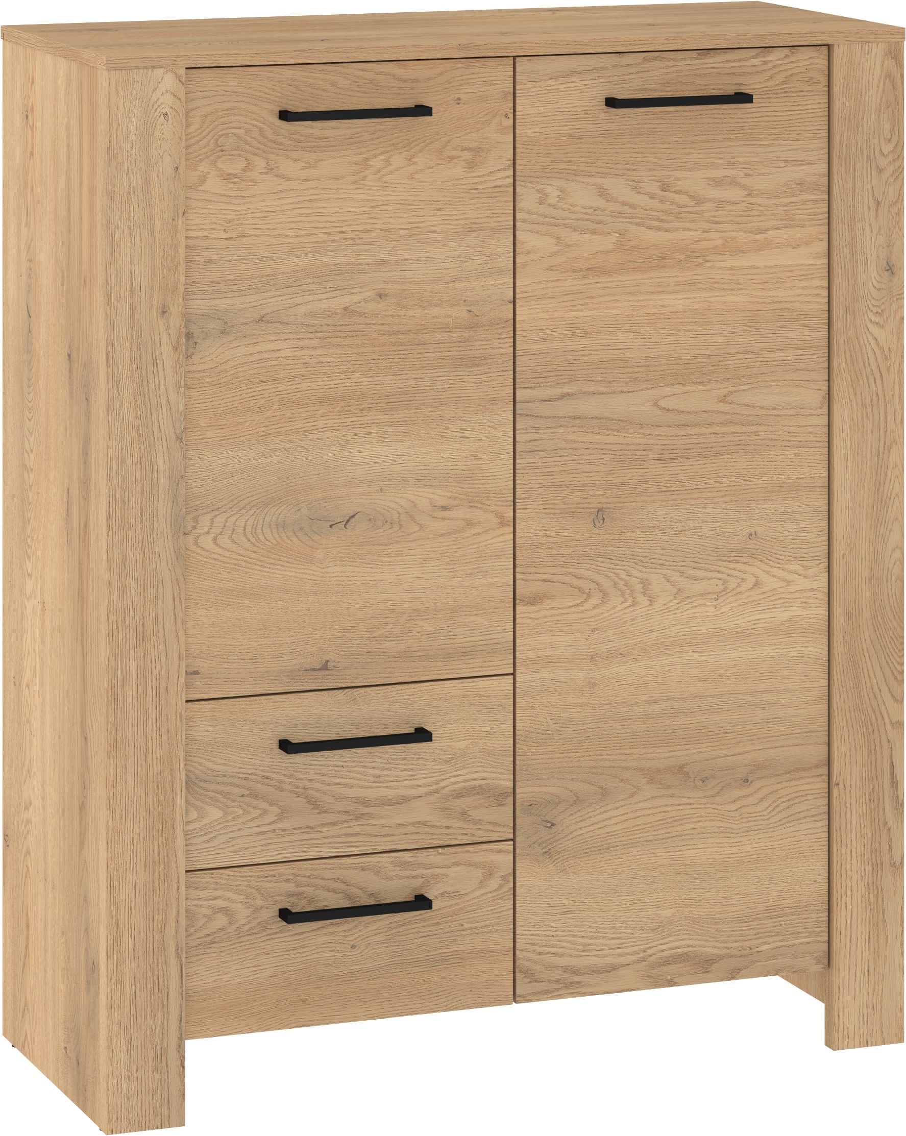 DELIS 08 baldai, lentyna su durelėmis ir stalčiais svetainei, kremonos ąžuolas