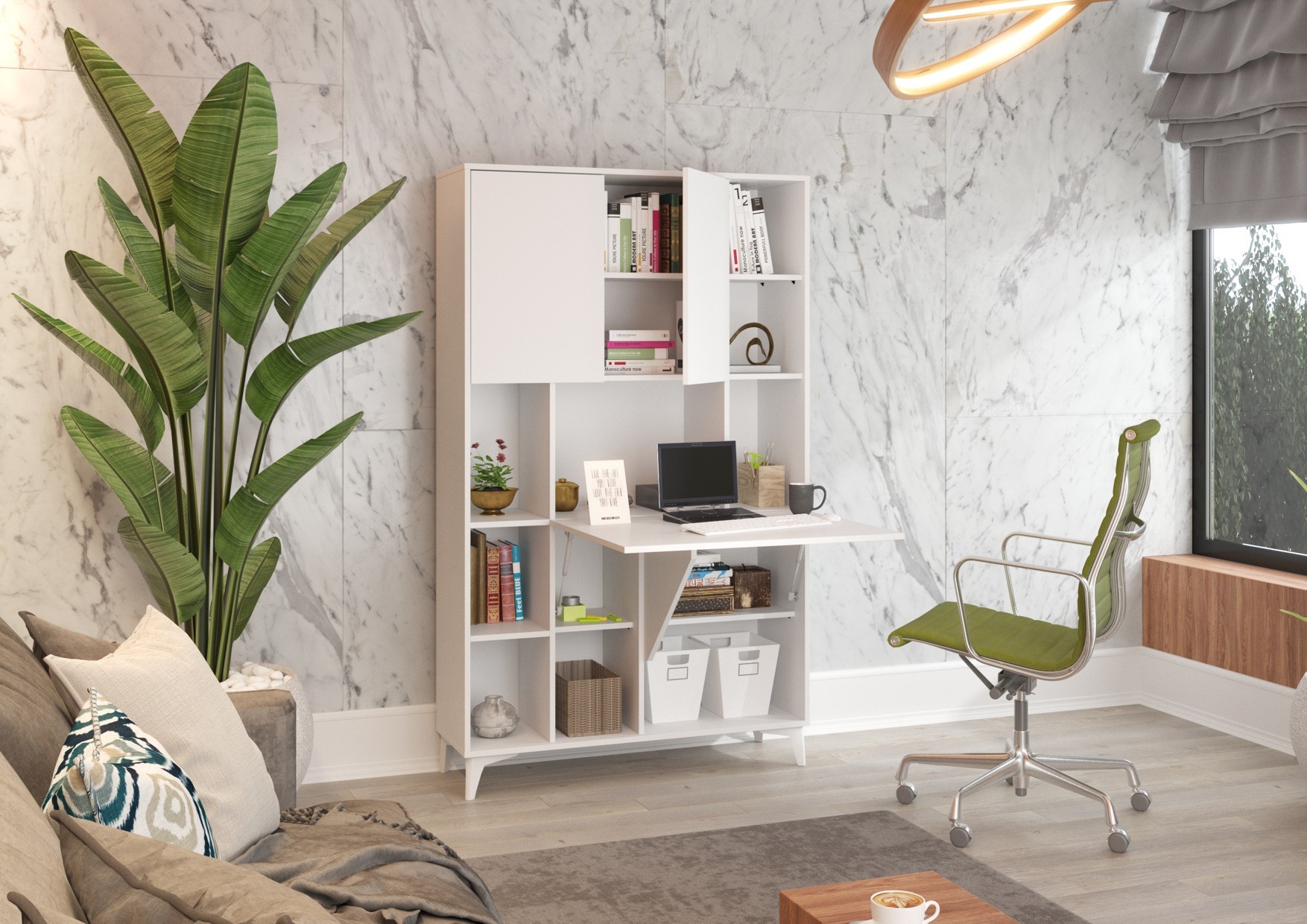 MEGI 2 baldai, lentyna + stalas, balta