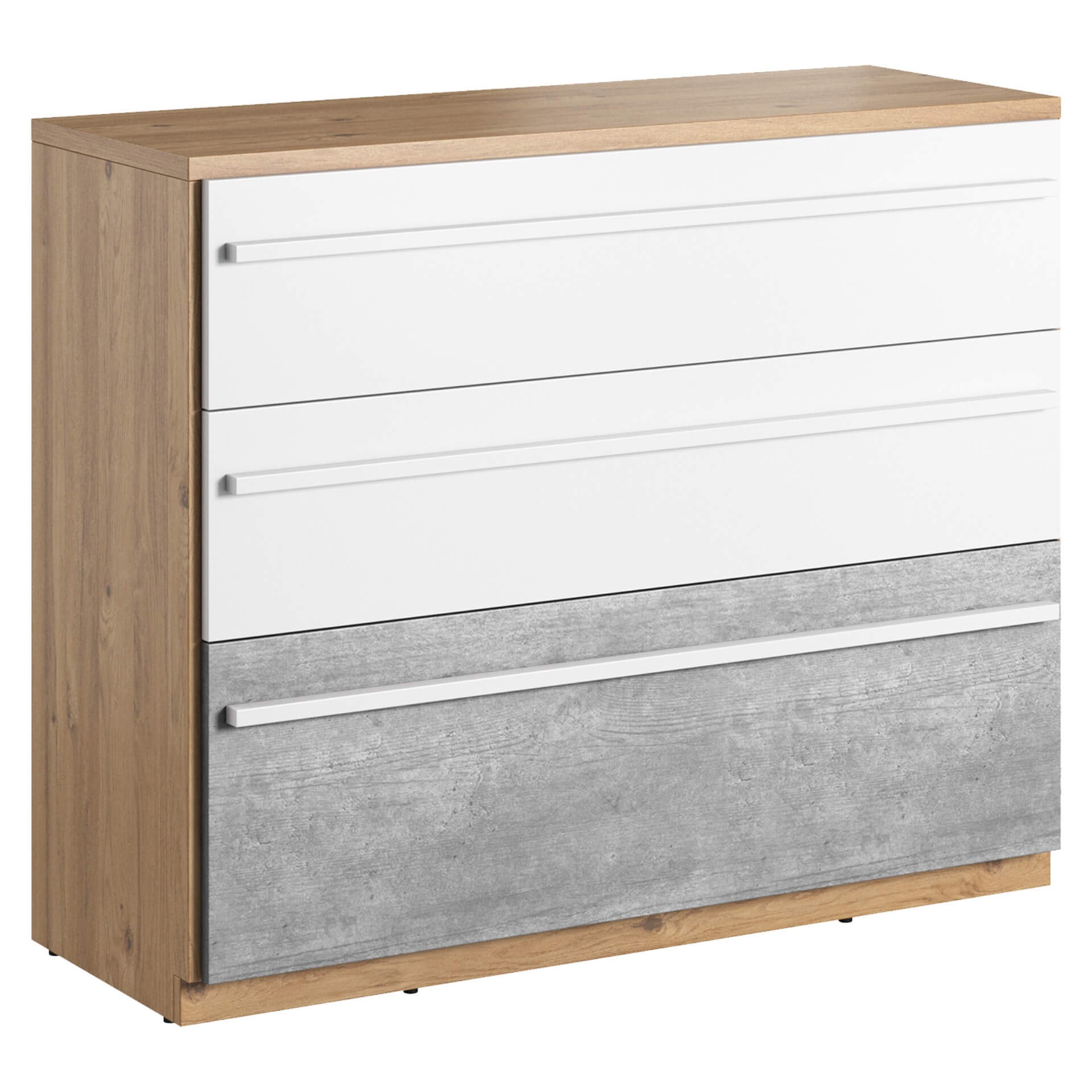 PLANO PN-07 komoda, ąžuolas „Nash“/pilka/balta