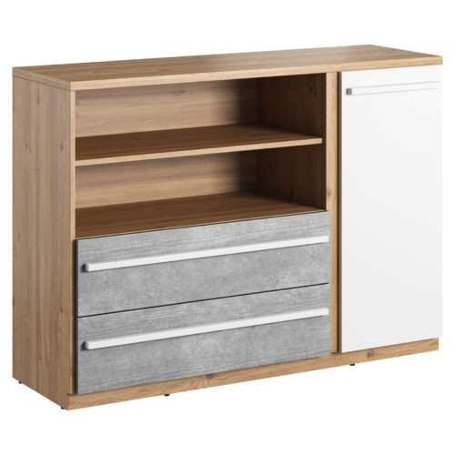 PLANO PN-05 komoda, ąžuolas „Nash“/pilka/balta