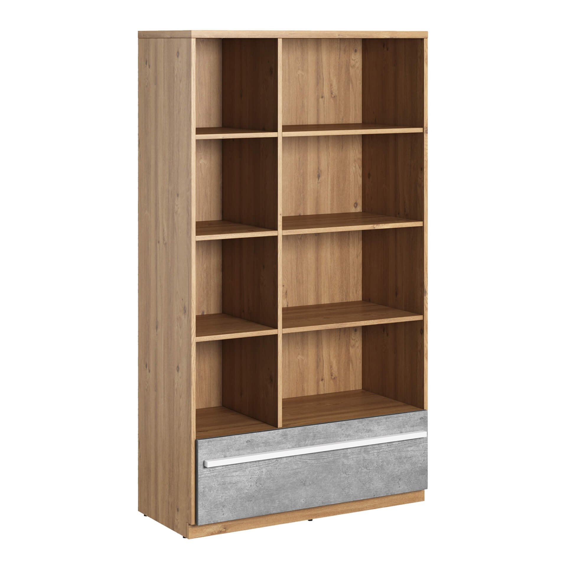 PLANO PN-03 knygų lentyna, ąžuolas „Nash“ / pilka / balta