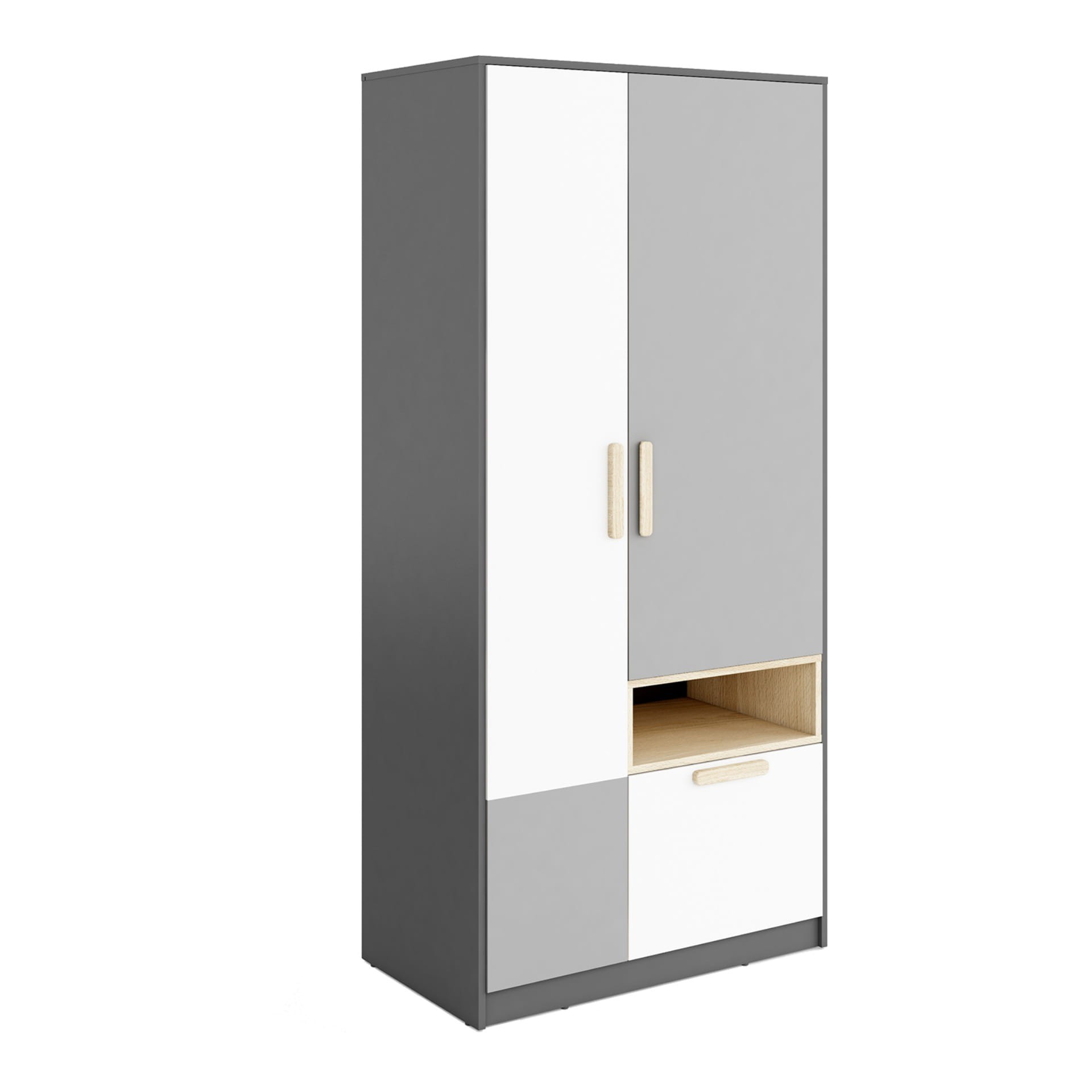 Dviejų durų spinta POK PO-02 grafito/buko/pilkos/baltos spalvos