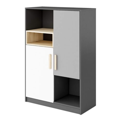 POK PO-06 knygų lentyna grafito/buko/pilkos/baltos spalvos