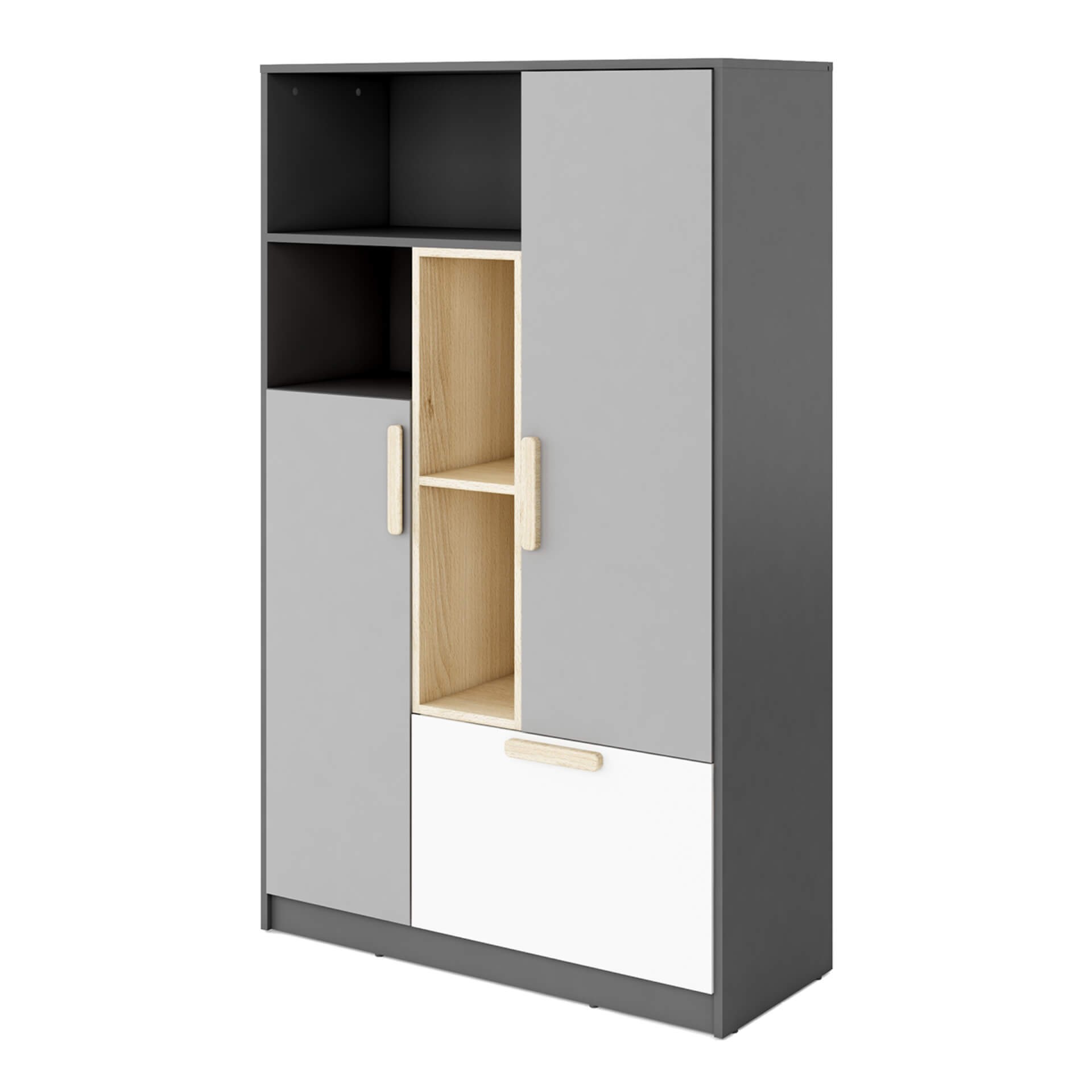 POK PO-05 knygų lentyna grafito/buko/pilkos/baltos spalvos