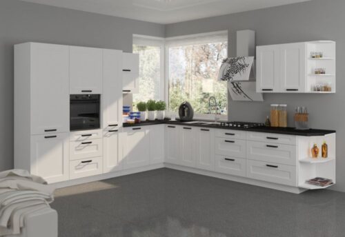 Kampinis virtuvės komplektas, kampinė virtuvė 310/340 cm, balta Luna