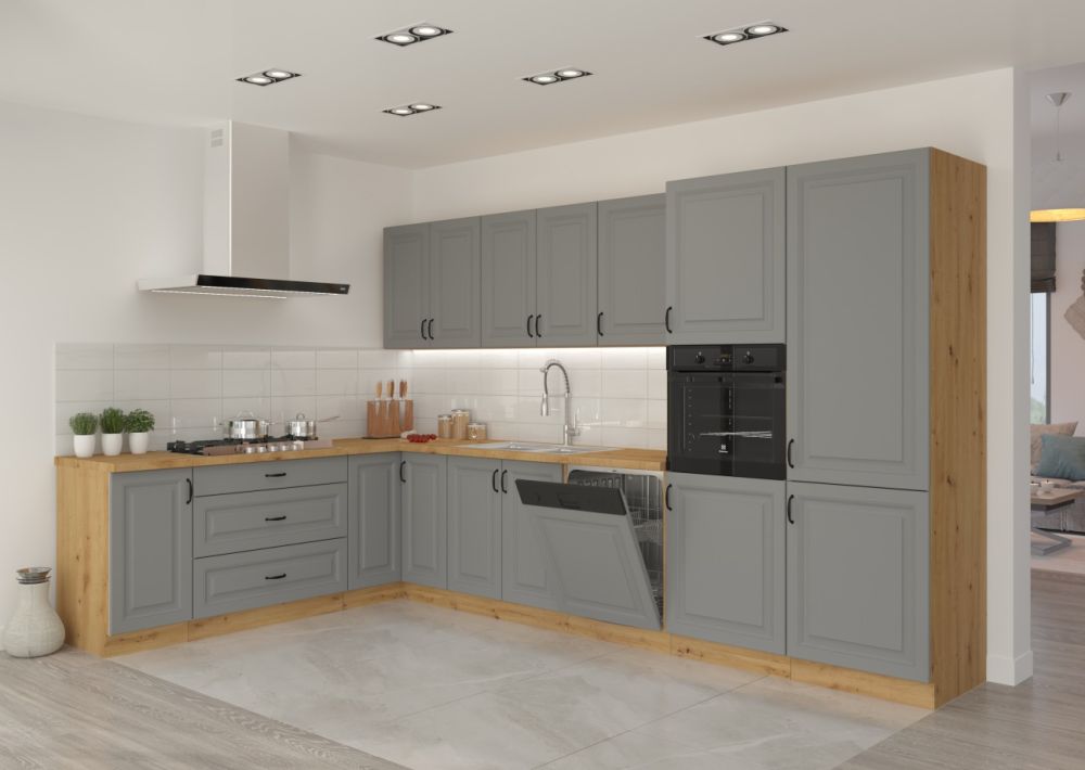 Stillo artisan/dulkių pilkumo kampinis virtuvės komplektas, kampinė virtuvė 350/210 cm