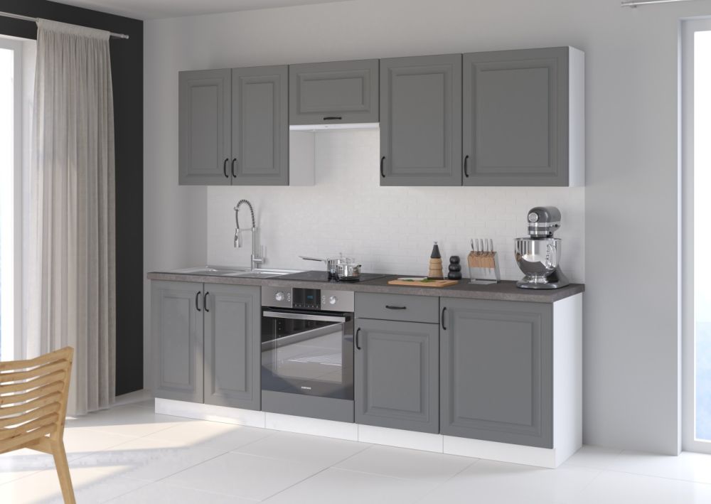 Stillo baltas/dulkių pilkumo virtuvės komplektas, virtuvė 250 cm