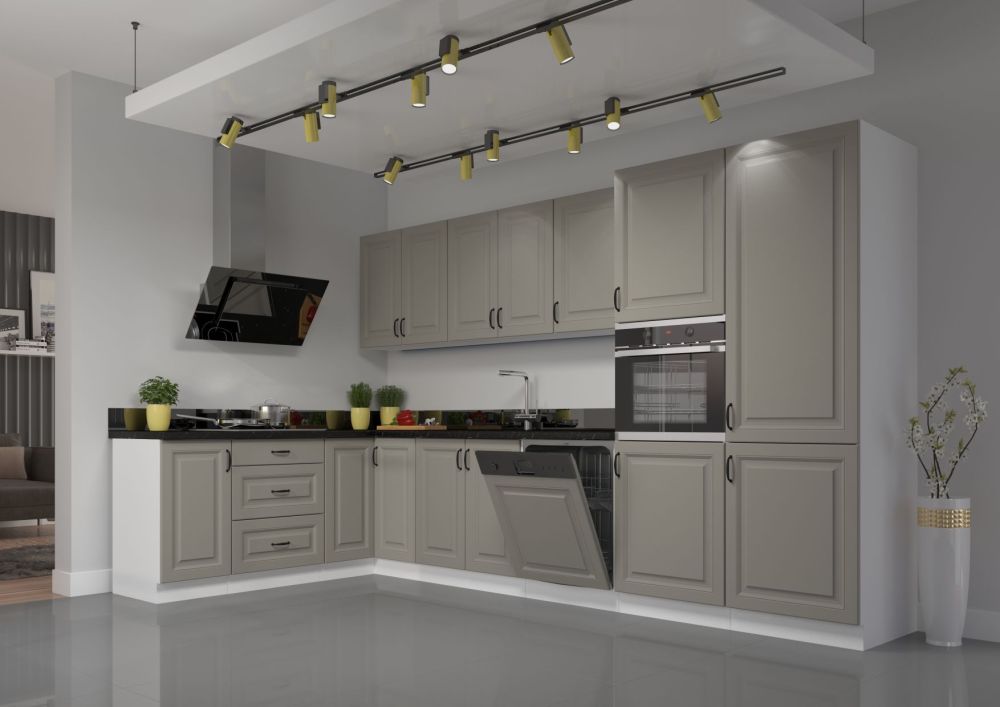 Stillo kampinis virtuvės komplektas, baltas/molio pilkumo, kampinė virtuvė 350/210 cm