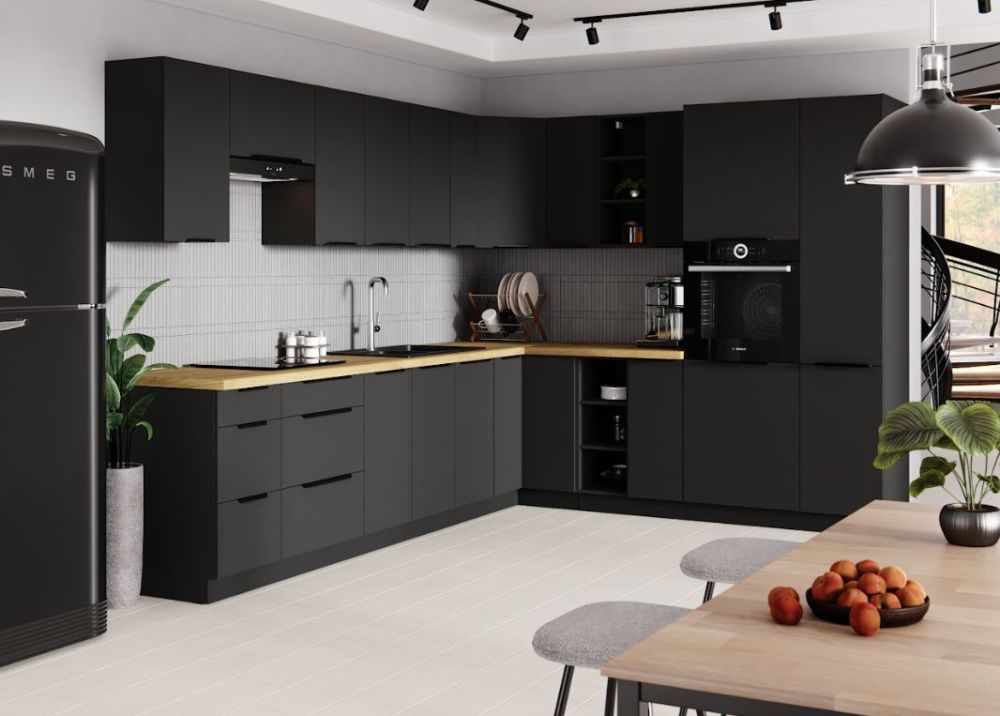 Siena kampinis virtuvės komplektas, matinės juodos spalvos, kampinė virtuvė 315/250 cm