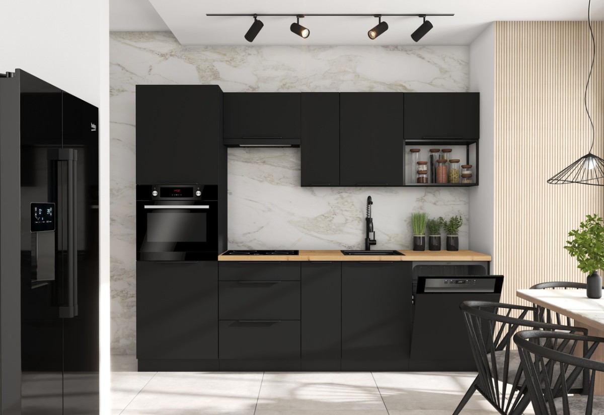 Siena virtuvės komplektas, juodas matinis, 260 cm, su lentyna