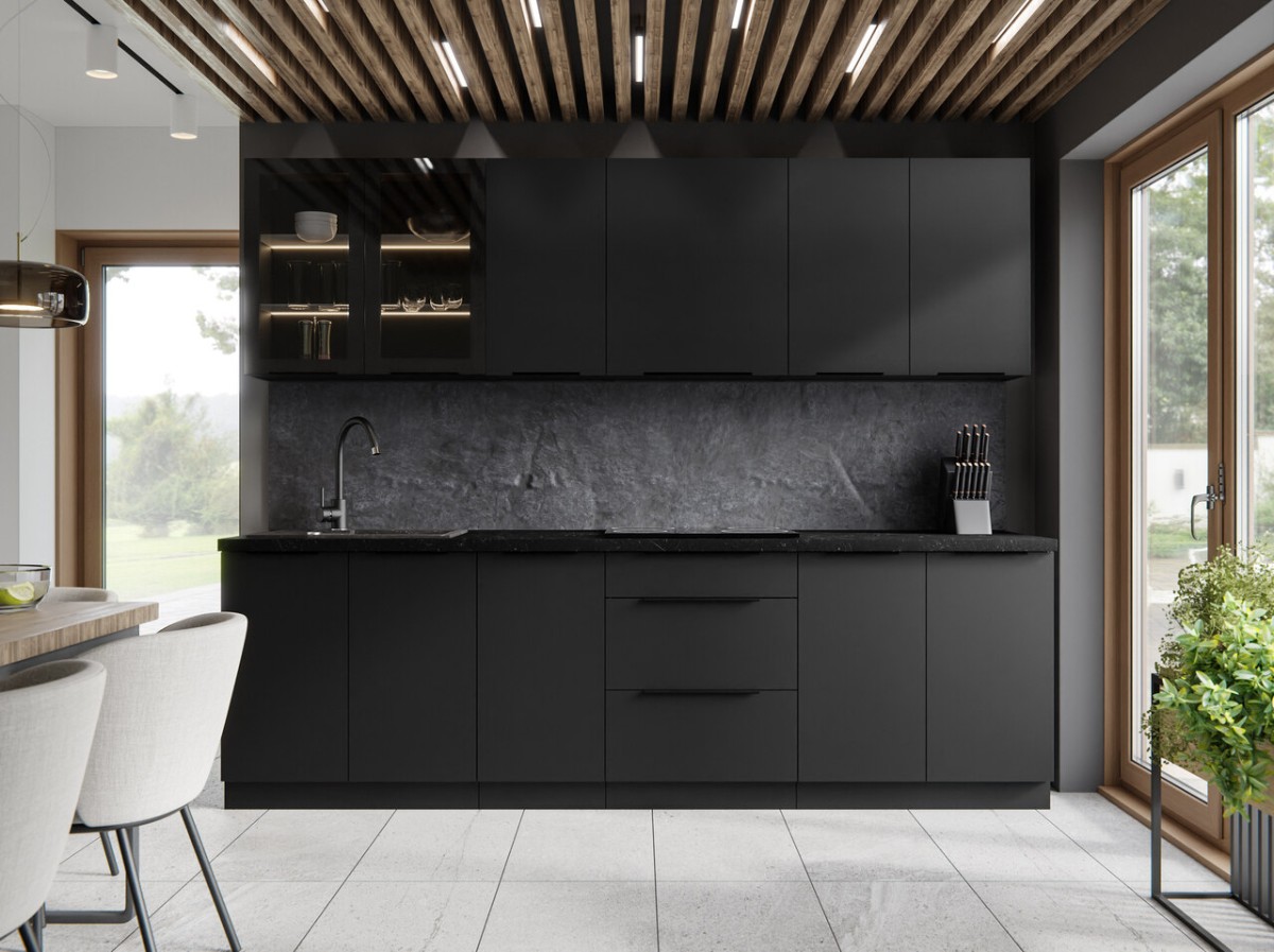 Siena virtuvės komplektas, matinės juodos spalvos, 260 cm, su vitrina
