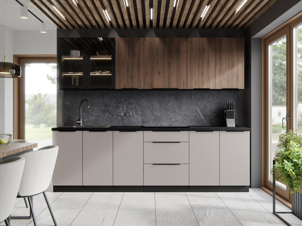 Arona + Monza virtuvės komplektas, 265 cm virtuvė su vitrina