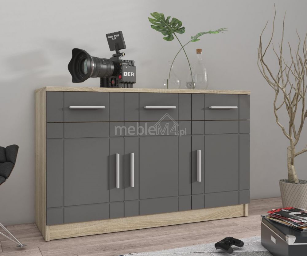 Paris GR 3F3S komoda - grafito spalvos - sonoma ąžuolas