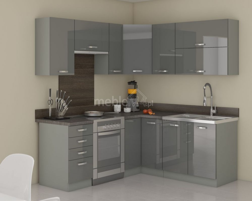 Pilka kampinė virtuvė 190–170 cm, pilkai blizgi