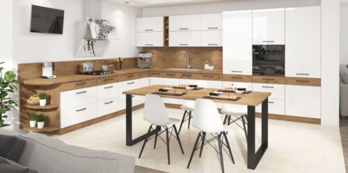 Vigo kampinė virtuvė 340-410 cm, balta blizgi