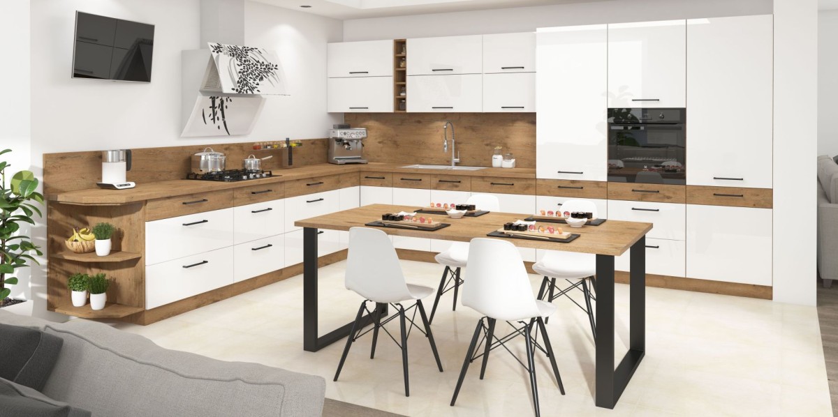 Vigo kampinė virtuvė 340-410 cm, balta blizgi