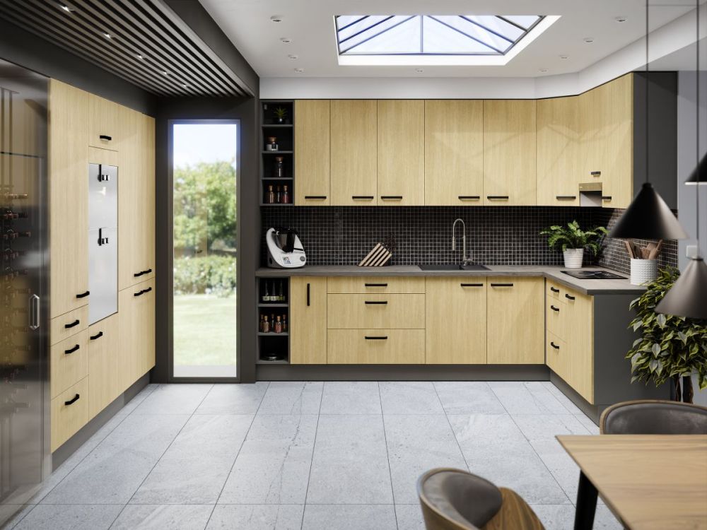 Kampinis virtuvės baldų komplektas, kampinė virtuvė 295-180 cm, skandinaviško silkės kaulo rašto