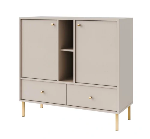 Komoda „Tokyo 2F2S“ su spintelėmis, stalčiais ir nišomis, smėlio spalvos