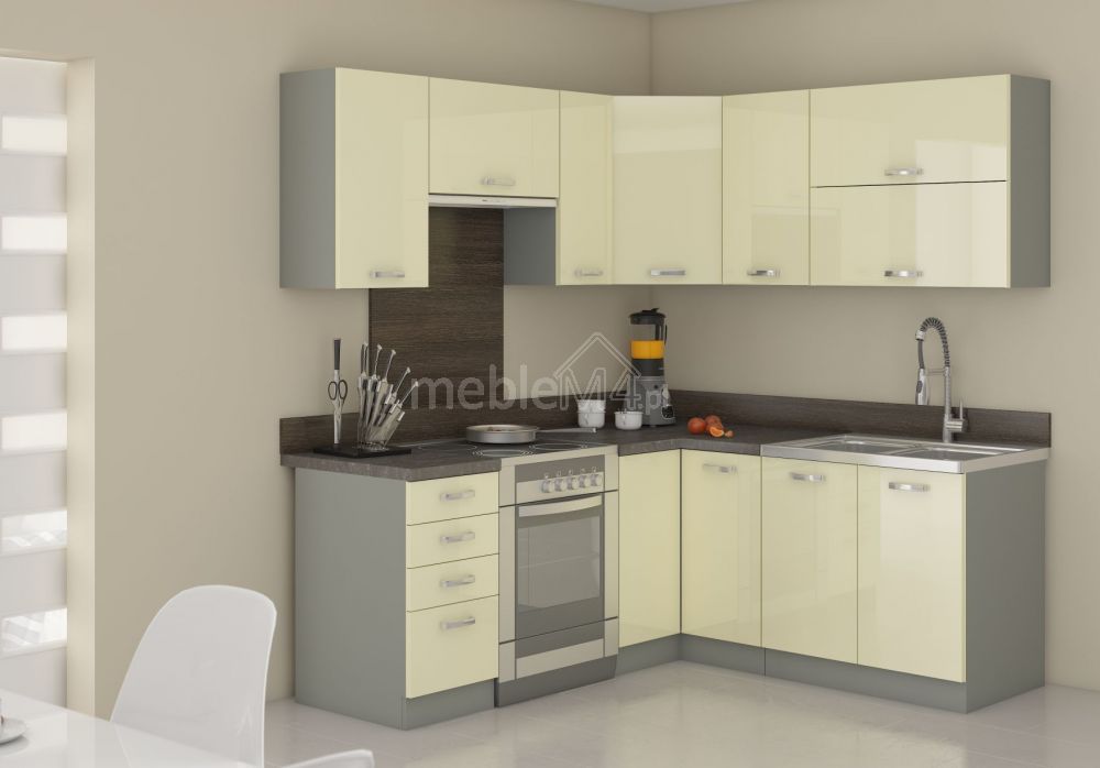 Karmen virtuvės kampinis komplektas 190-170 cm kreminės spalvos blizgus