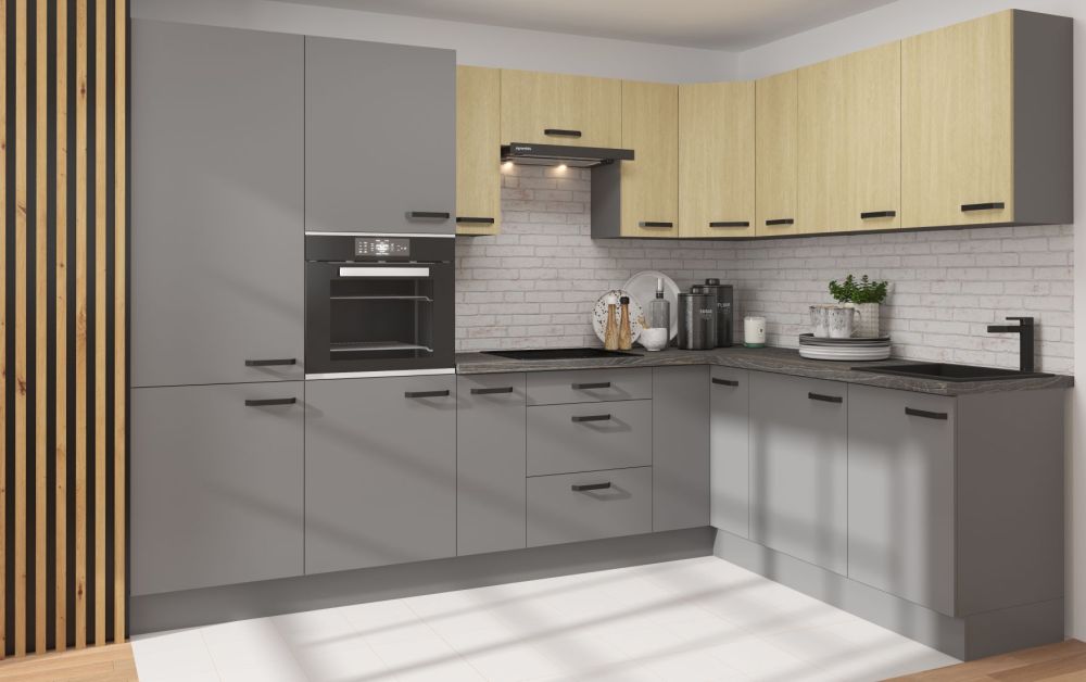 Kampinis virtuvės komplektas 300-200 cm, Nessa ir Scandi virtuvės